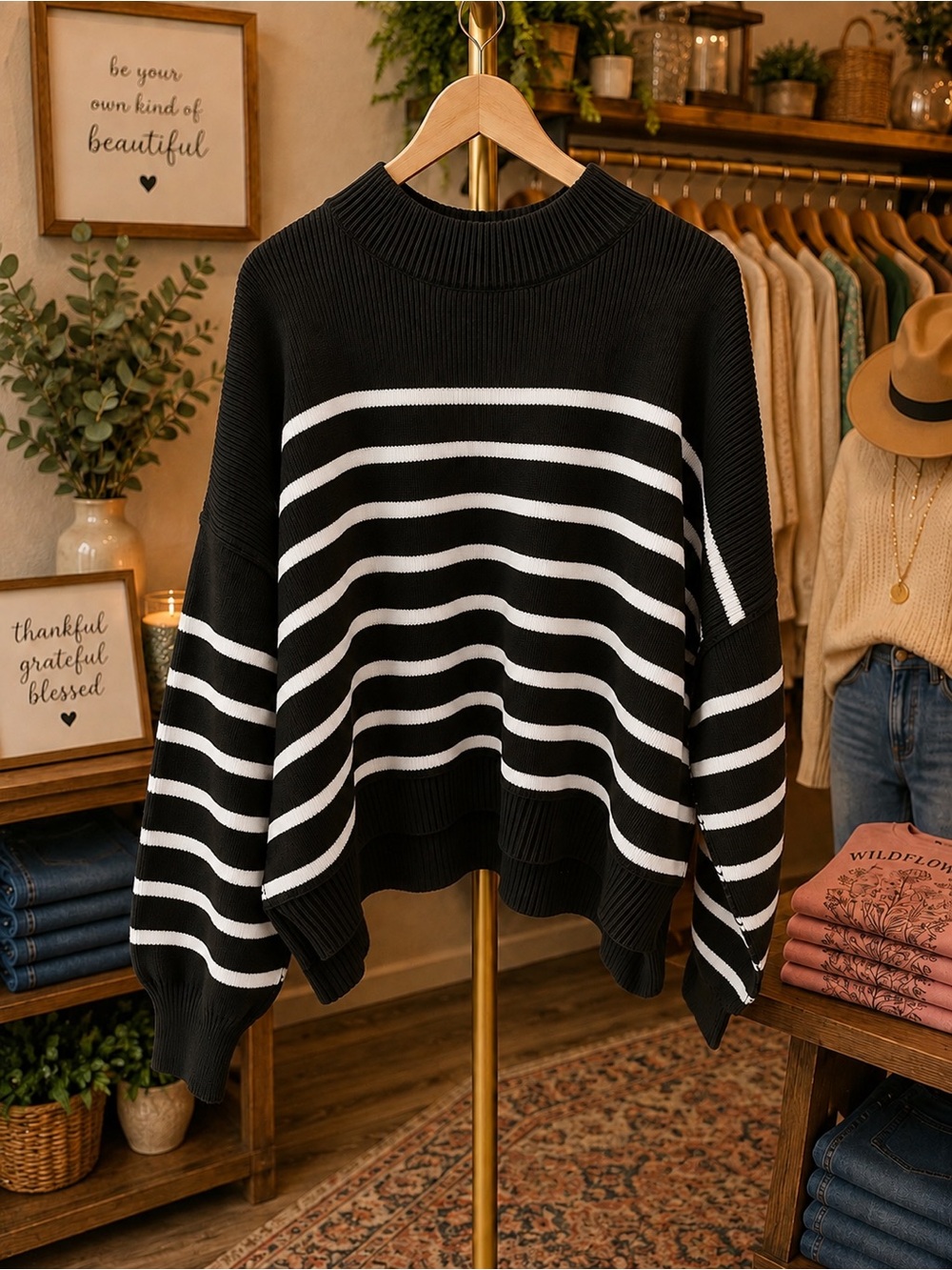 Zenana Outfitters Black & White Striped Mock Neck Sweater